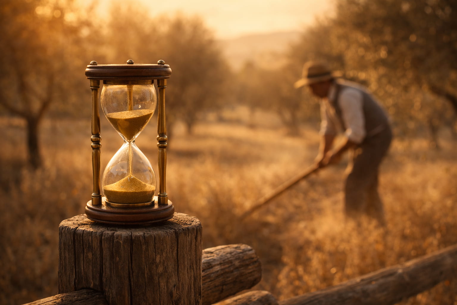 Clessidra antica in primo piano con contadino che lavora la terra sullo sfondo, simbolo del legame tra tempo, memoria e tradizione agricola italiana.