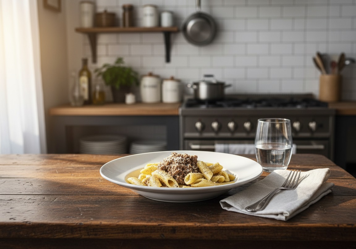 Piatto di pasta alla Norcina con penne, sugo di salsiccia e ricotta, servito su un tavolo di legno in una cucina rustica.