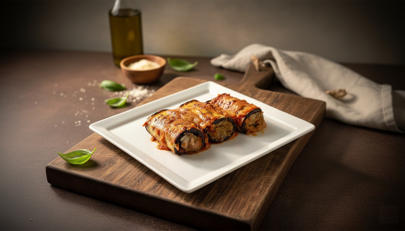 otolini di melanzane ripieni al forno con tonno, ricotta e salsa di pomodoro, serviti su piatto bianco.