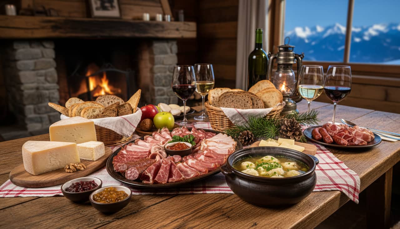 Tagliere rustico con speck, formaggi locali e un piatto di canederli in brodo, eccellenze della cucina del Trentino-Alto Adige.