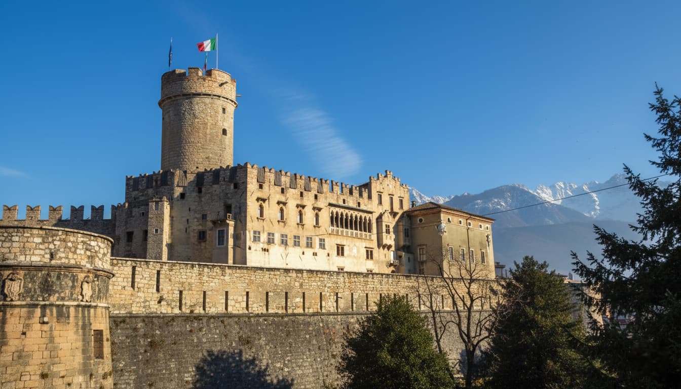 Vista panoramica del Castel del Buonconsiglio a Trento con le vette innevate delle Dolomiti sullo sfondo durante il tramonto.