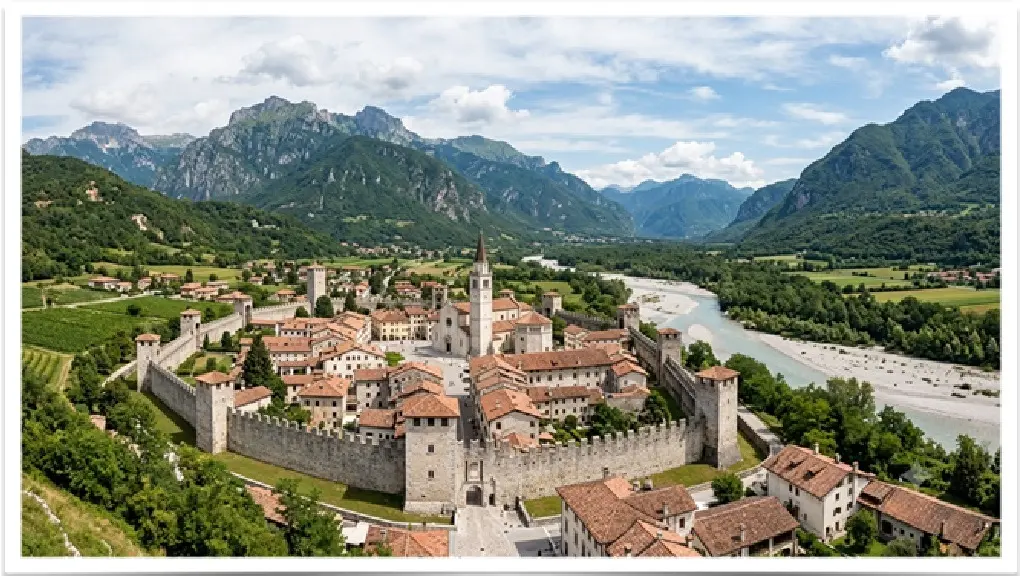 Vista panoramica del borgo medievale di Venzone in Friuli Venezia Giulia, con le mura storiche e le Alpi Giulie sullo sfondo.