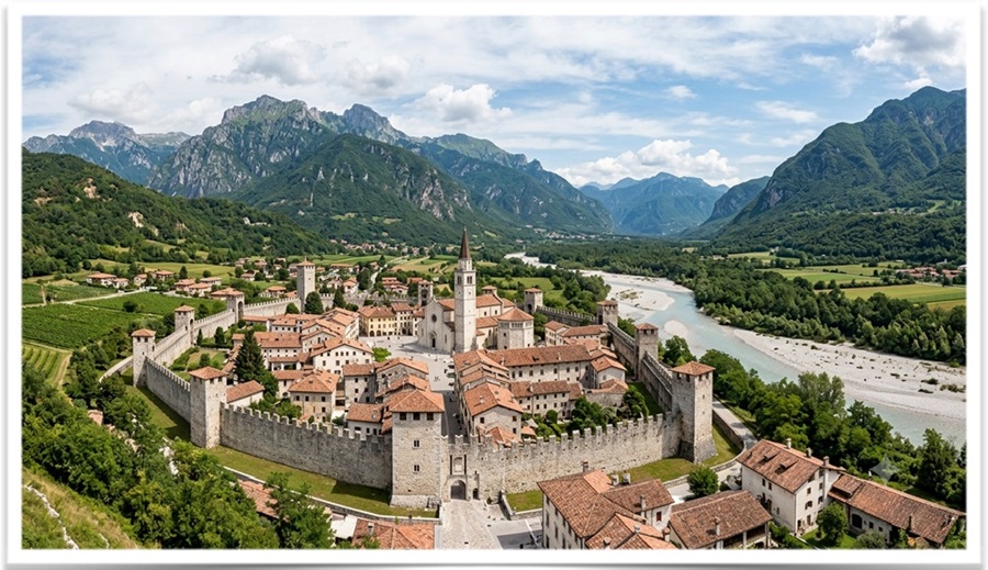 Vista aerea del borgo fortificato di Gradara nelle Marche, con la Rocca Malatestiana e il mare Adriatico sullo sfondo.
