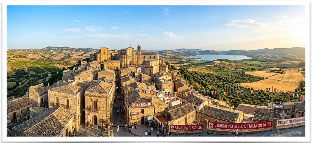 Vista panoramica del borgo medievale di Sambuca di Sicilia, con le case in pietra calcarea illuminate dal sole e i Monti Sicani sullo sfondo.
